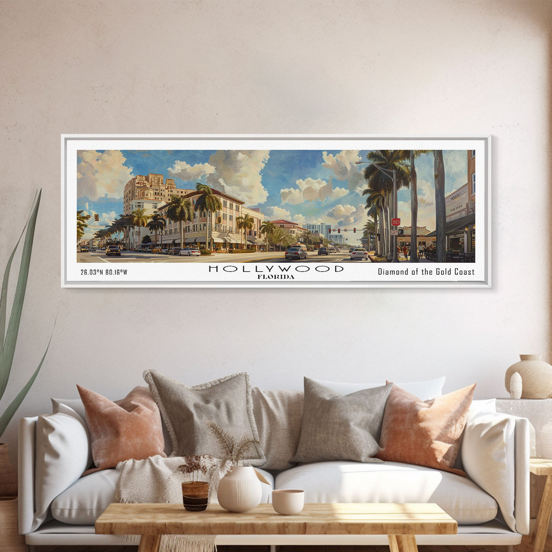 Hollywood Florida Panoramic Watercolor Painting, Urban Framed Canvas Print, Cityscape Wall Art for Living Room, Travel Poster, Home Decor, City Gift Idea