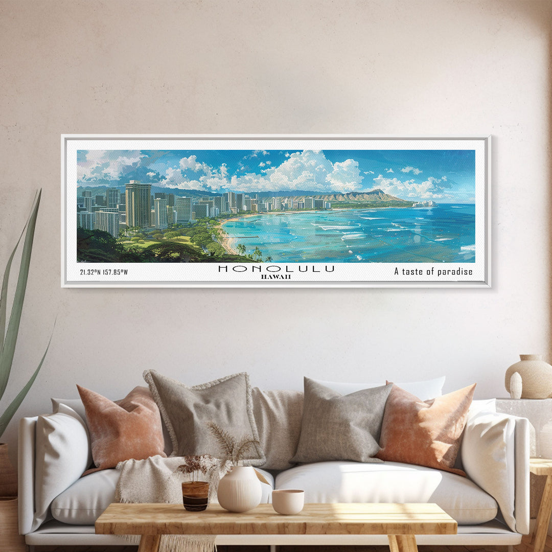 Honolulu Hawaii Panoramic Watercolor Painting, Urban Framed Canvas Print, Cityscape Wall Art for Office, Travel Decor, Home Gift Idea