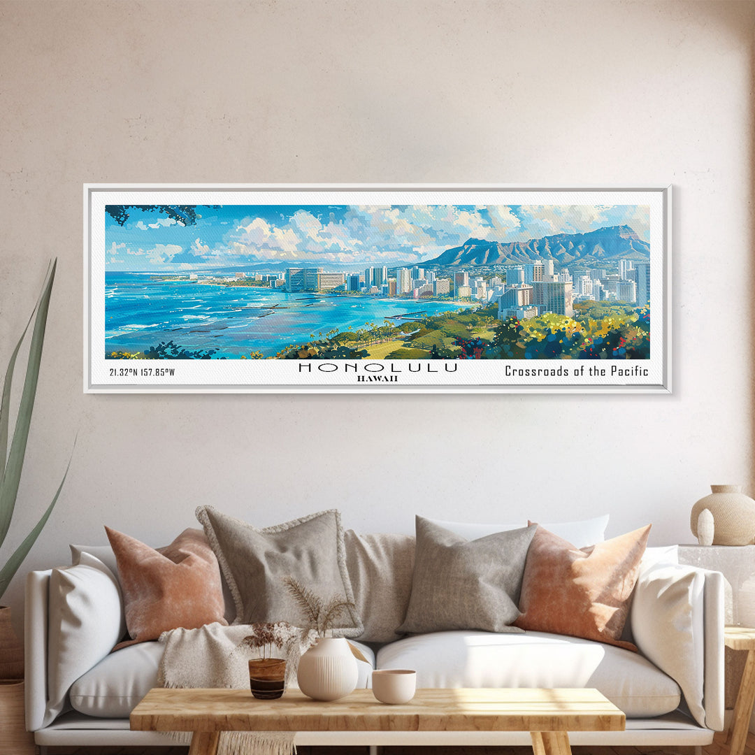 Honolulu Hawaii Panoramic Watercolor Painting, Urban Framed Canvas Print, Cityscape Wall Art for Living Room, Travel Poster, Home Decor, City Gift Idea