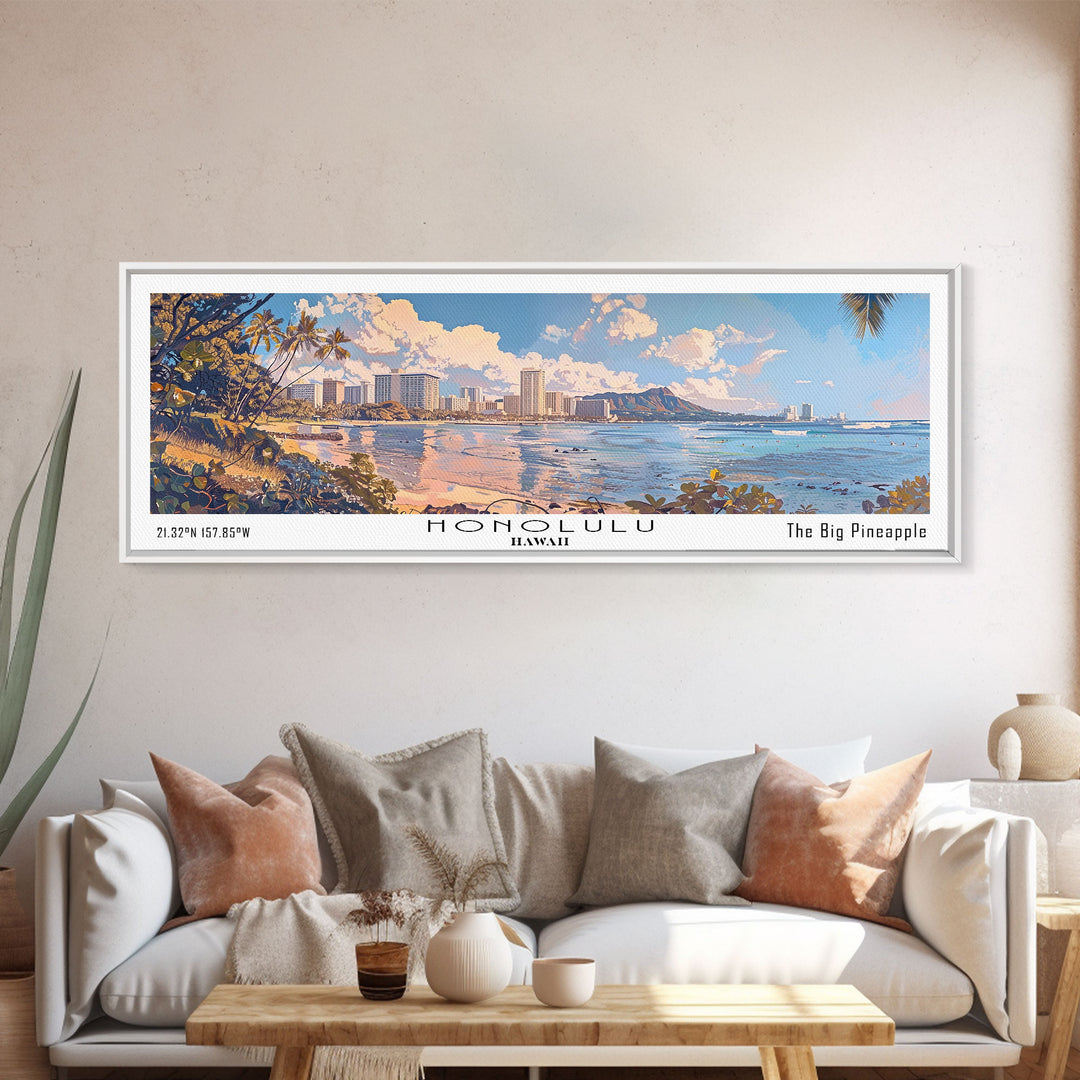 Honolulu Hawaii Panoramic Watercolor Painting, Urban Framed Canvas Print, Cityscape Wall Art for Office, Travel Decor, Home Gift Idea