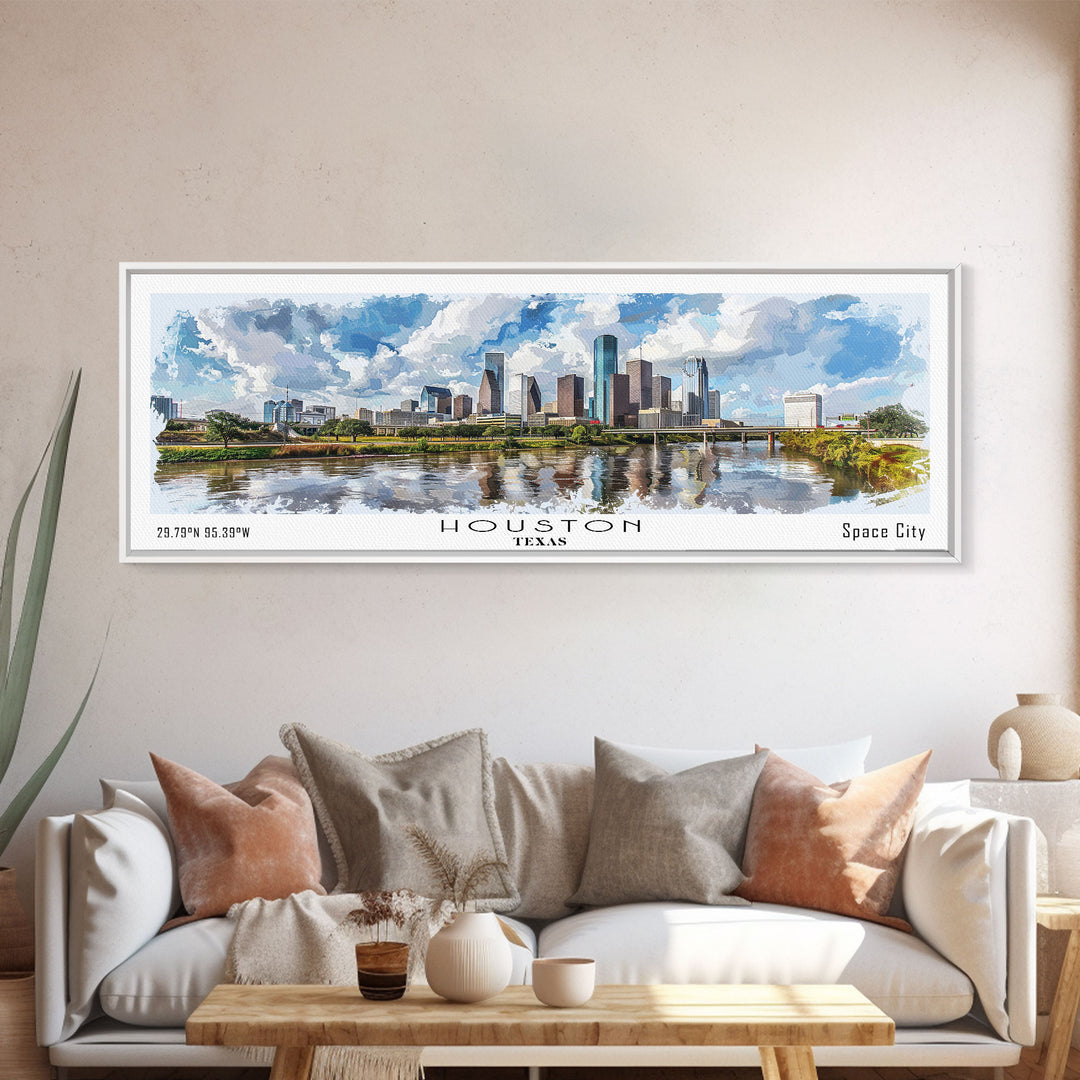 Houston Texas Panoramic Watercolor Painting, Urban Framed Canvas Print, Cityscape Wall Art for Living Room, Travel Poster, Home Decor, City Gift Idea