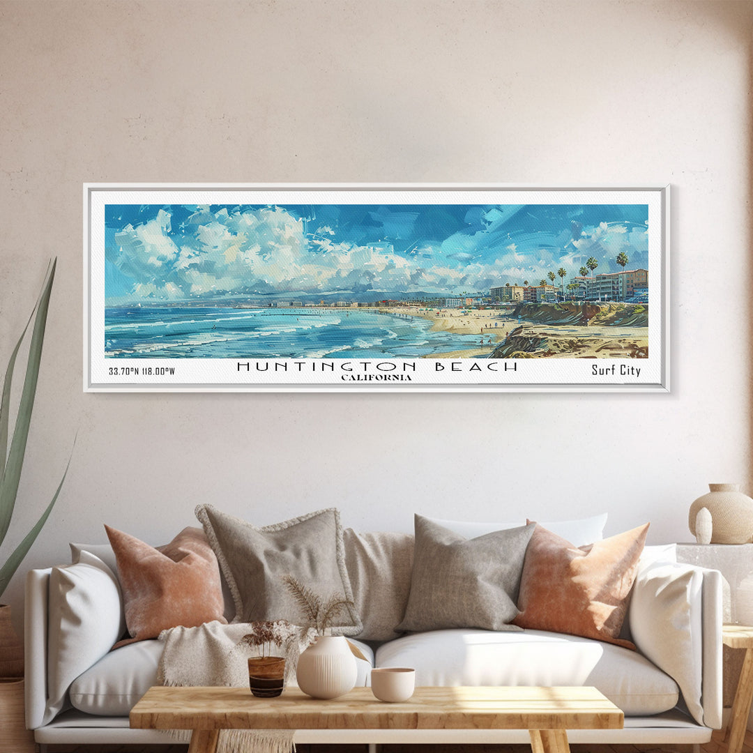 Huntington Beach California Panoramic Watercolor Painting, Urban Framed Canvas Print, Cityscape Wall Art for Office, Travel Decor, Home Gift Idea