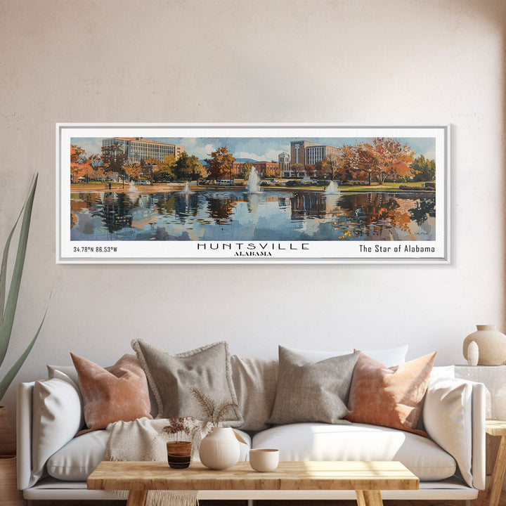 Huntsville Alabama Panoramic Watercolor Painting, Urban Framed Canvas Print, Cityscape Wall Art for Living Room, Travel Poster, Home Decor, City Gift Idea