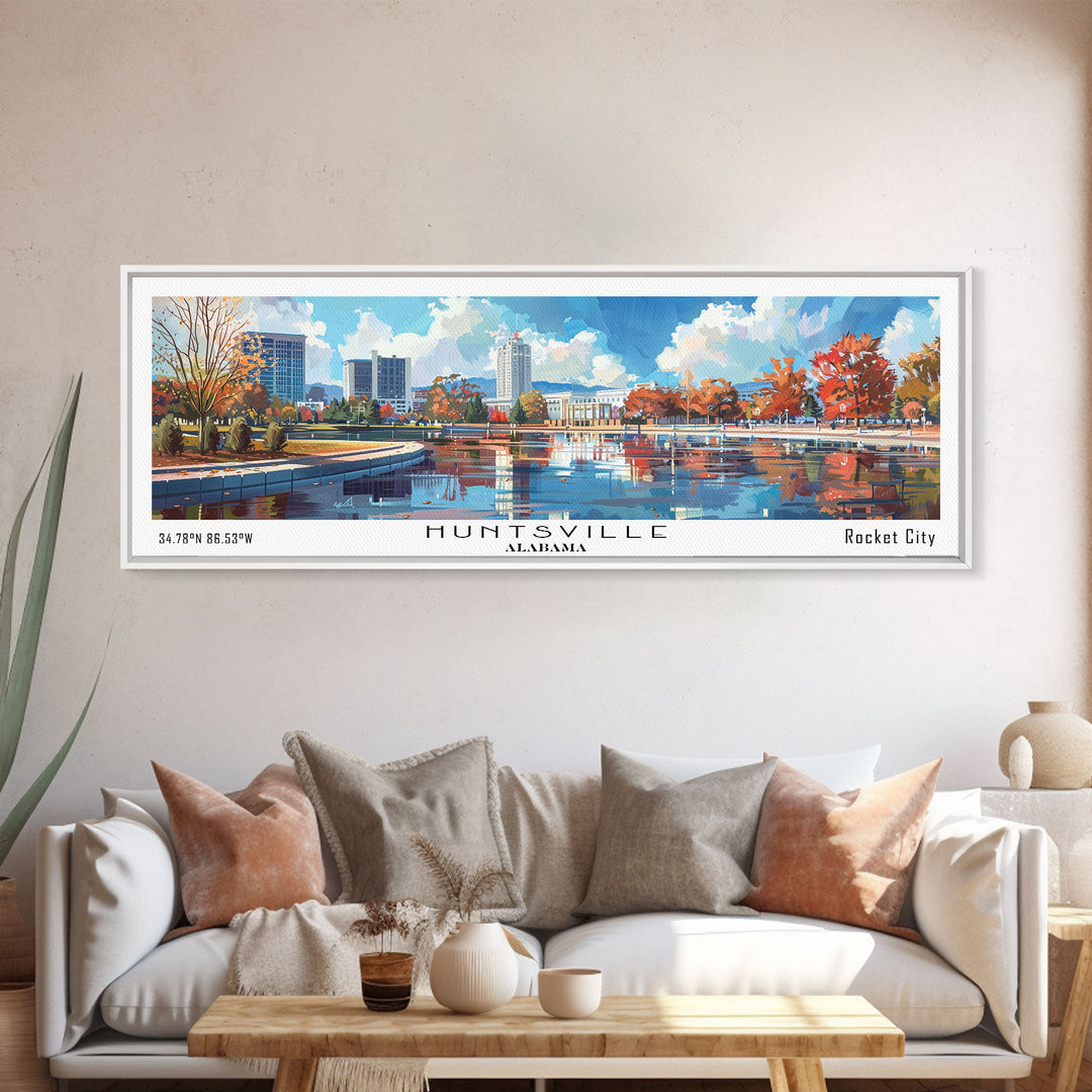 Huntsville Alabama Panoramic Watercolor Painting, Urban Framed Canvas Print, Cityscape Wall Art for Office, Travel Decor, Home Gift Idea