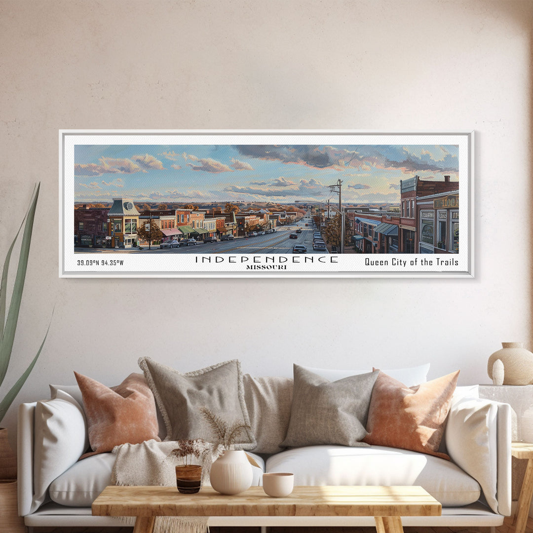 Independence Missouri Panoramic Watercolor Painting, Urban Framed Canvas Print, Cityscape Wall Art for Living Room, Travel Decor, Home Gift Idea