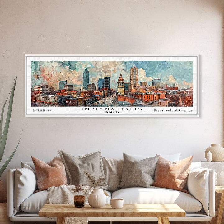 Indianapolis Indiana Panoramic Watercolor Painting, Urban Framed Canvas Print, Cityscape Wall Art for Office, Travel Decor, Home Gift Idea
