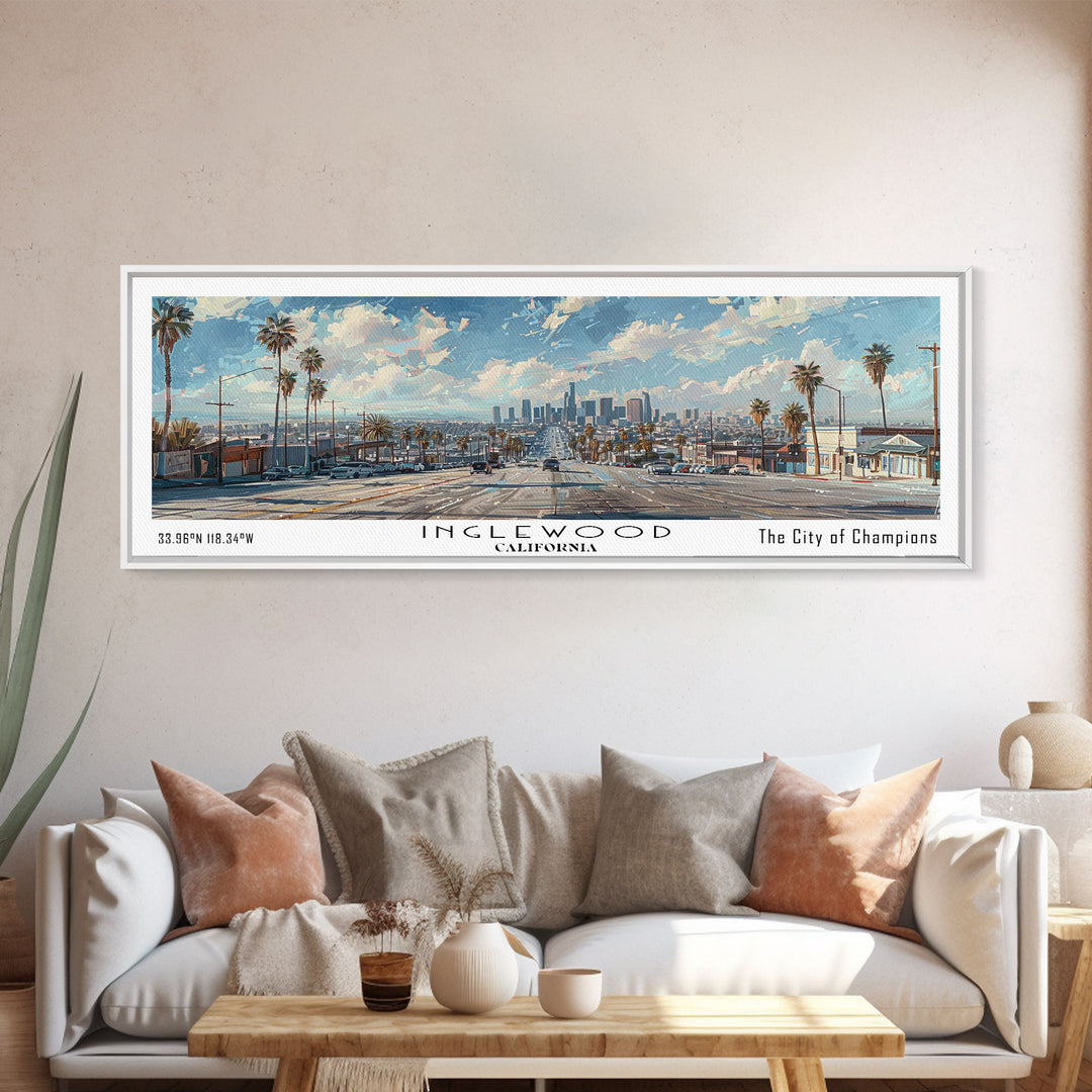 Inglewood California Panoramic Watercolor Painting, Urban Framed Canvas Print, Cityscape Wall Art for Living Room, Travel Poster, Home Decor, City Gift Idea