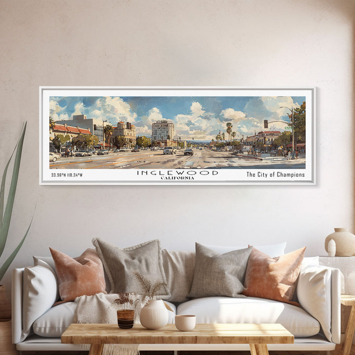 Inglewood California Panoramic Watercolor Painting, Urban Framed Canvas Print, Cityscape Wall Art for Office, Travel Decor, Home Gift Idea
