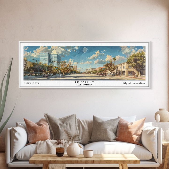Irvine California Panoramic Cityscape Painting, Framed Canvas Print for Home, Office Wall Art, Urban Decor, Watercolor Travel Poster