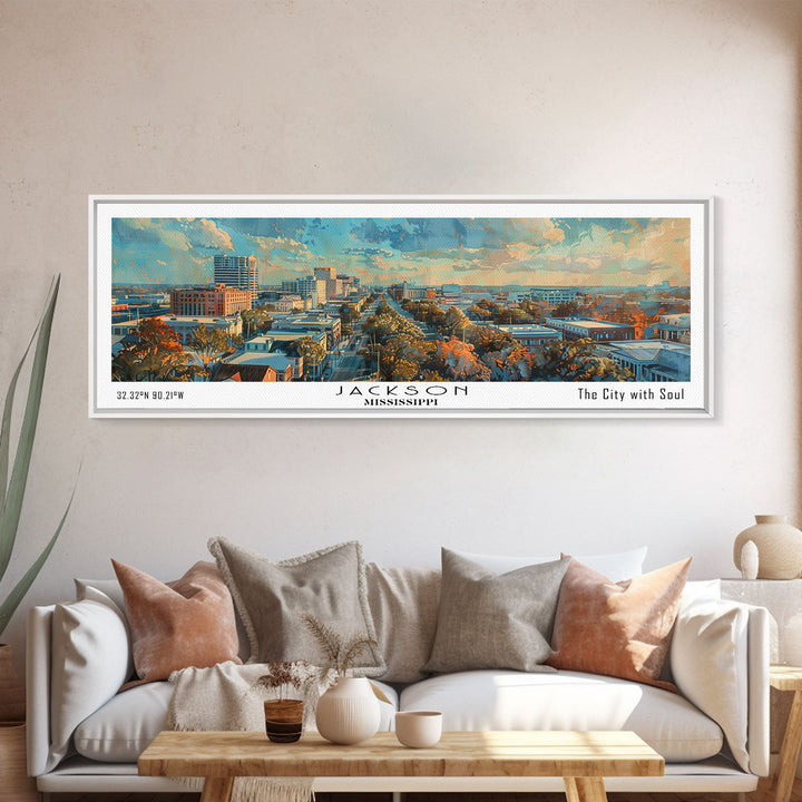 Jackson Mississippi Watercolor Panoramic City Painting, Framed Canvas Print for Living Room, Office Wall Art, Urban Decor, Travel Poster