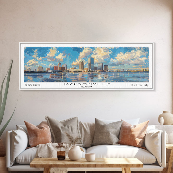 Jacksonville Florida Panoramic Cityscape Wall Art, Watercolor Framed Canvas Print, Home Decor, Office Wall Art, Travel Poster, Urban Painting