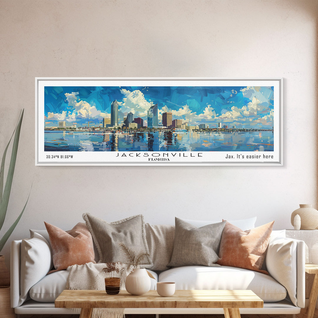Jacksonville Florida Panoramic Watercolor City Painting, Framed Canvas Print for Home, Urban Decor, Office Art, Travel Poster