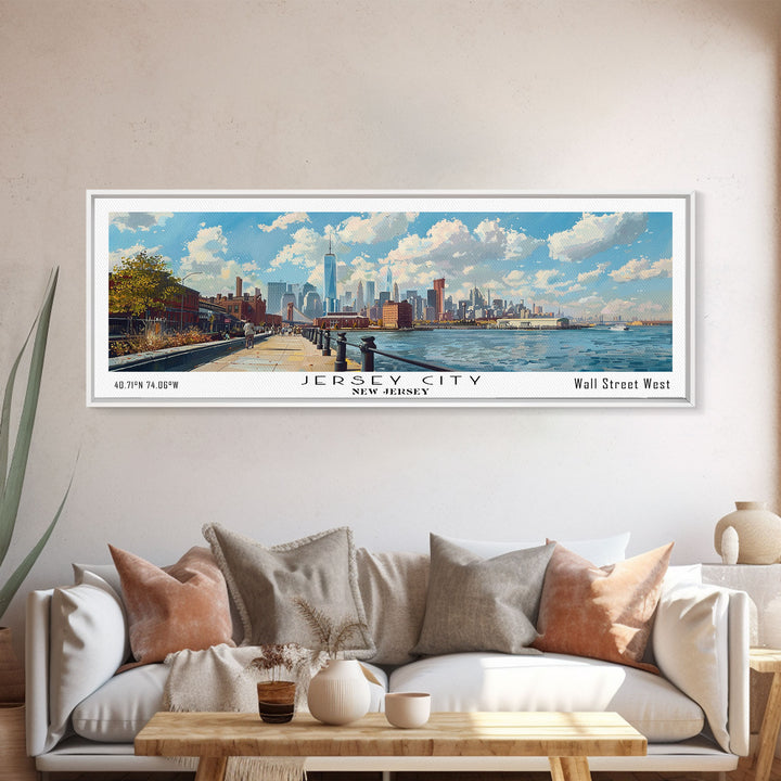 Jersey City New Jersey Panoramic Cityscape Painting, Framed Canvas Print, Urban Decor, Office Wall Art, Travel Poster, Watercolor Home Decoration