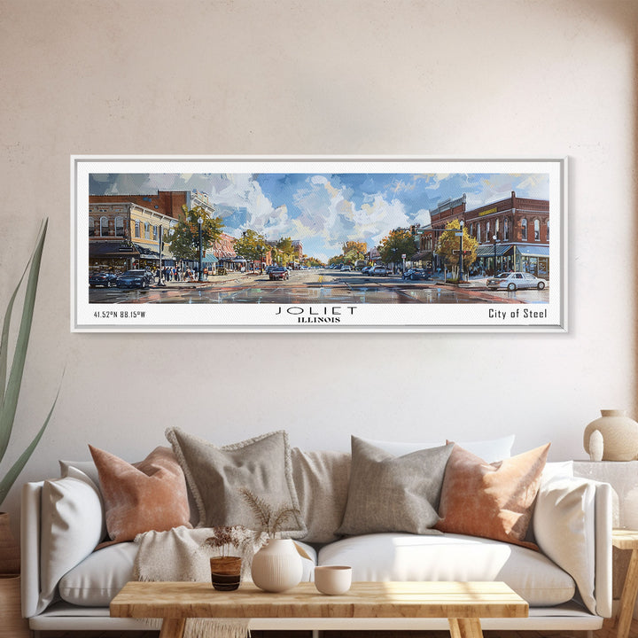 Joliet Illinois Panoramic Cityscape Wall Art, Watercolor Framed Canvas Print, Urban Painting for Living Room, Office Decor, Travel Poster