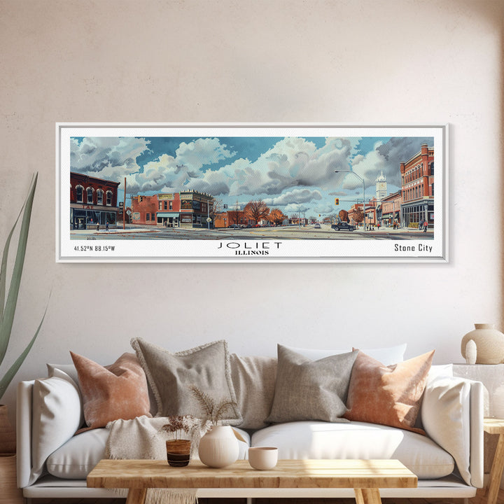 Joliet Illinois Panoramic Watercolor City Painting, Framed Canvas Print for Home, Office Wall Art, Urban Decor, Travel Poster