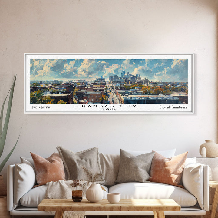 Kansas City Kansas Panoramic Watercolor Cityscape, Framed Canvas Print for Living Room, Office Wall Art, Urban Decor, Travel Poster
