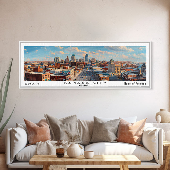 Kansas City Missouri Panoramic Cityscape Painting, Framed Canvas Print, Urban Decor, Office Wall Art, Watercolor Travel Poster, Home Decoration
