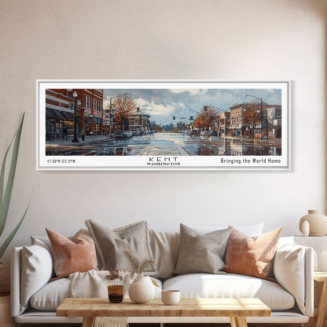 Kent Washington Panoramic Cityscape Wall Art, Watercolor Framed Canvas Print, Urban Painting for Living Room, Office Decor, Travel Poster