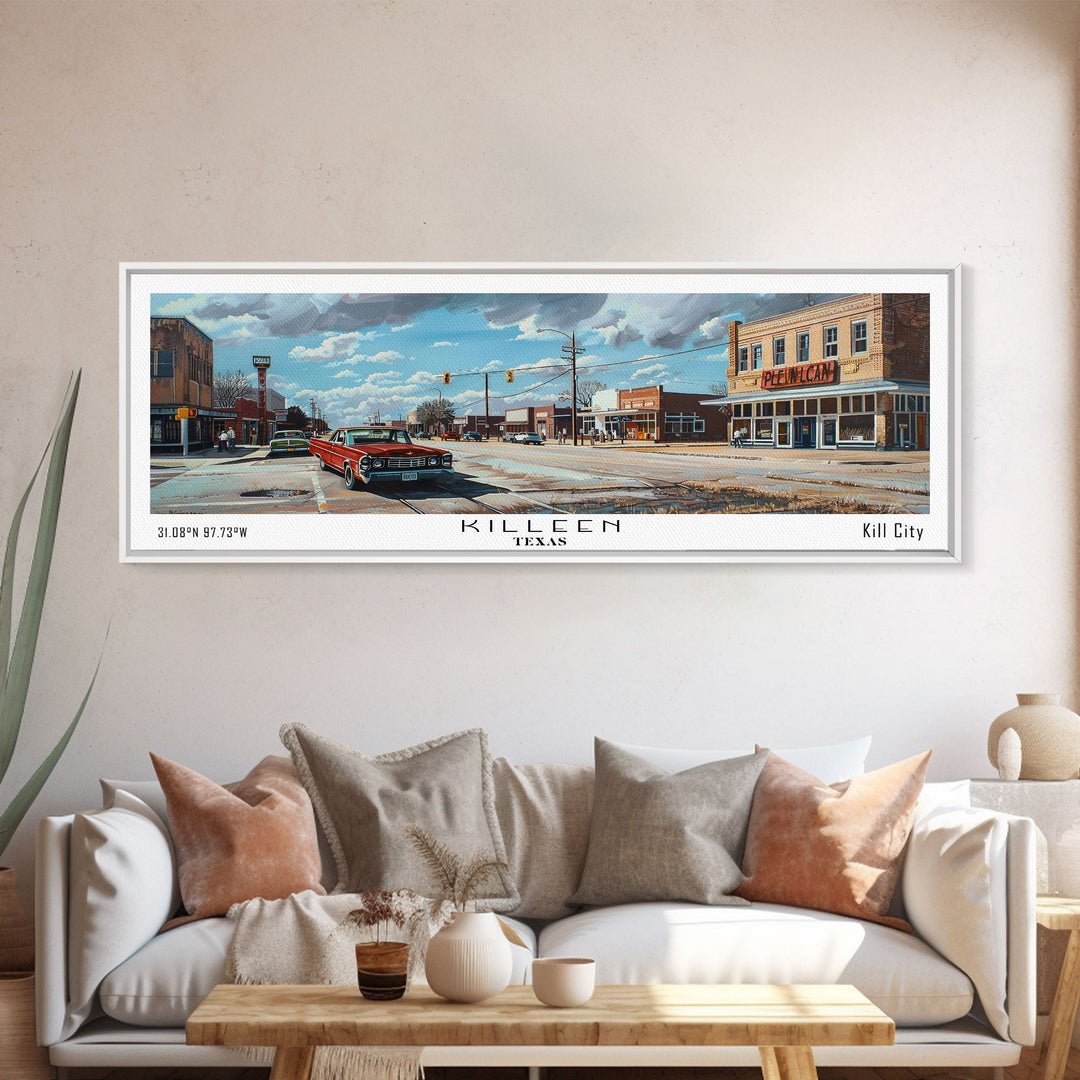Killen Texas Panoramic Cityscape Wall Art, Watercolor Framed Canvas Print, Urban Painting for Living Room, Office Decor, Travel Poster