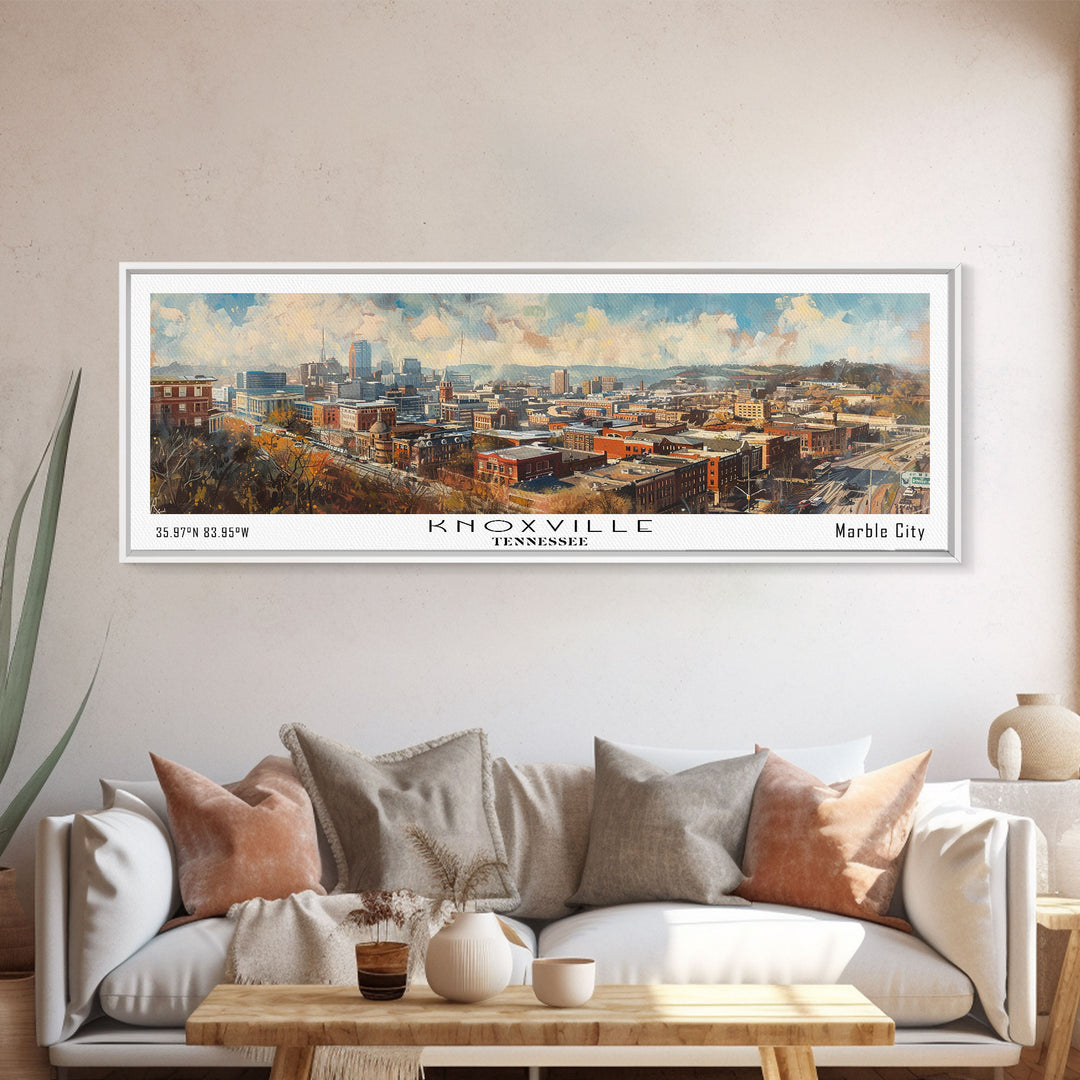Knoxville Tennessee Panoramic Watercolor Cityscape, Framed Canvas Print for Living Room, Office Wall Art, Urban Decor, Travel Poster