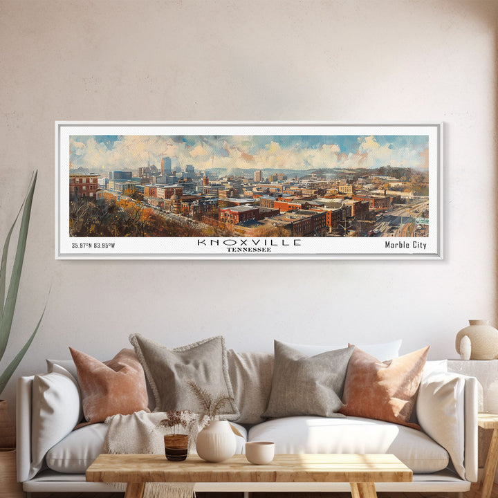 Knoxville Tennessee Panoramic Watercolor Cityscape, Framed Canvas Print for Living Room, Office Wall Art, Urban Decor, Travel Poster