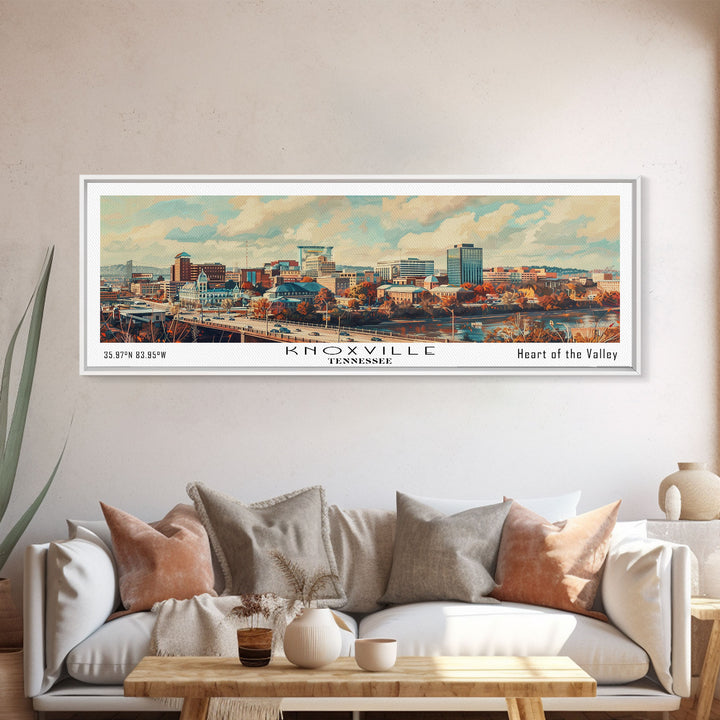 Knoxville Tennessee Panoramic Cityscape Wall Art, Watercolor Framed Canvas Print, Urban Painting for Living Room, Office Decor, Travel Poster