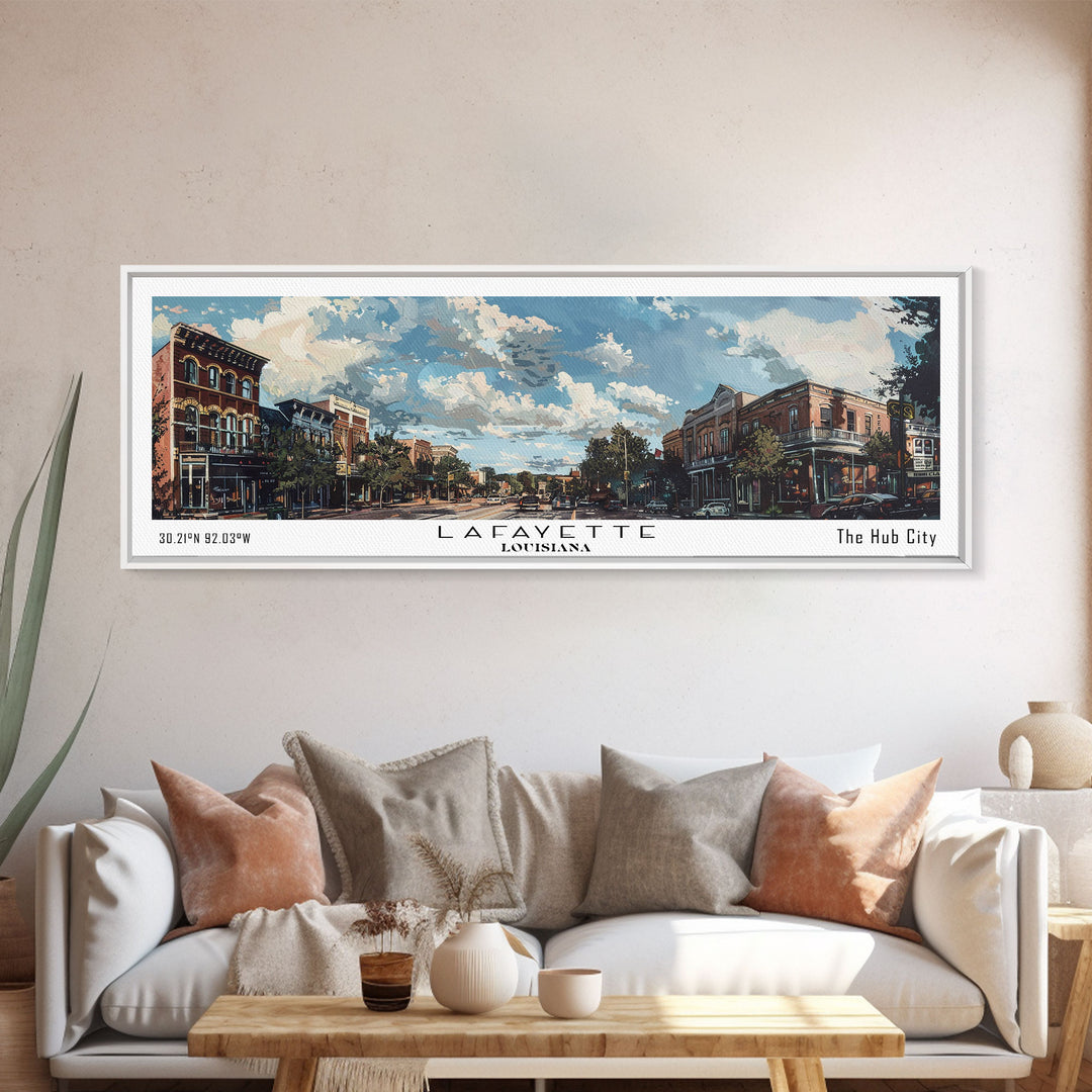 Lafayette Louisiana Panoramic Watercolor Cityscape, Framed Canvas Print for Living Room, Office Wall Art, Urban Decor, Travel Poster