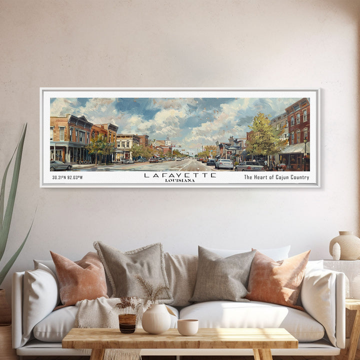 Lafayette Louisiana Panoramic Cityscape Wall Art, Watercolor Framed Canvas Print, Urban Painting for Living Room, Office Decor, Travel Poster