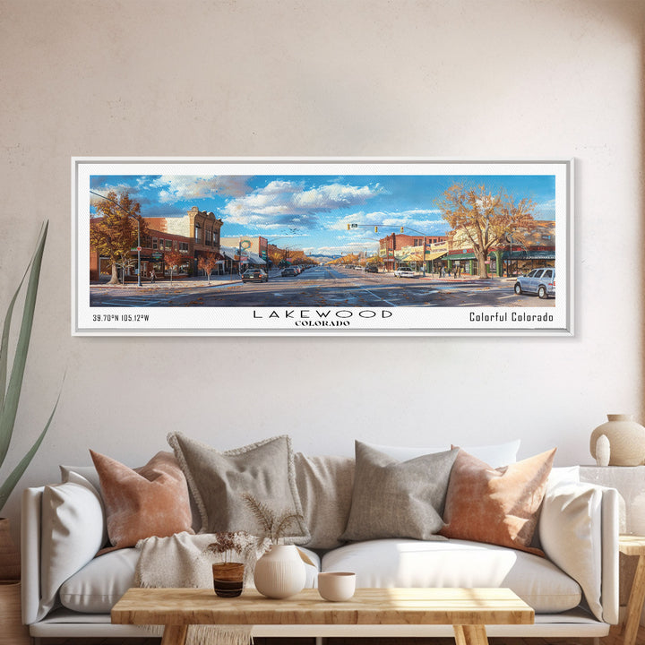 Lakewood Colorado Panoramic Cityscape Wall Art, Watercolor Framed Canvas Print, Urban Painting for Living Room, Office Decor, Travel Poster
