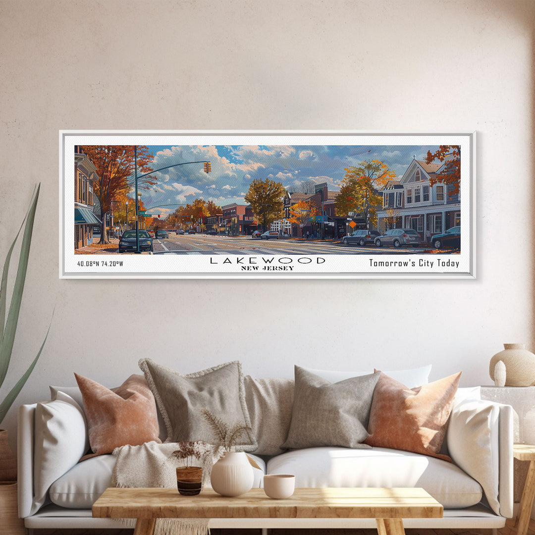 Lakewood New Jersey Panoramic Watercolor Cityscape, Framed Canvas Print for Living Room, Office Wall Art, Urban Decor, Travel Poster