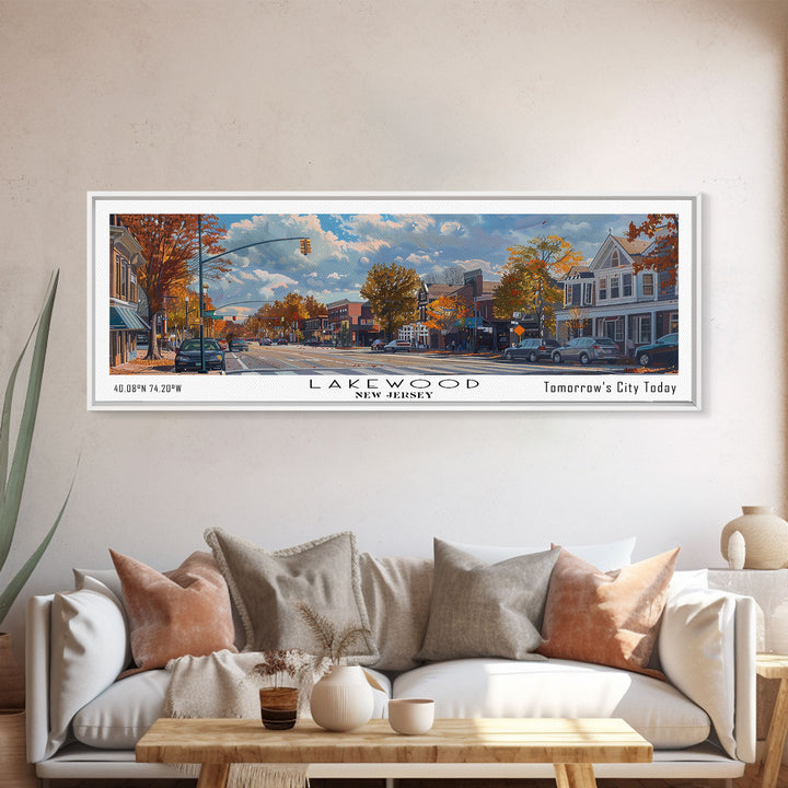 Lakewood New Jersey Panoramic Watercolor Cityscape, Framed Canvas Print for Living Room, Office Wall Art, Urban Decor, Travel Poster