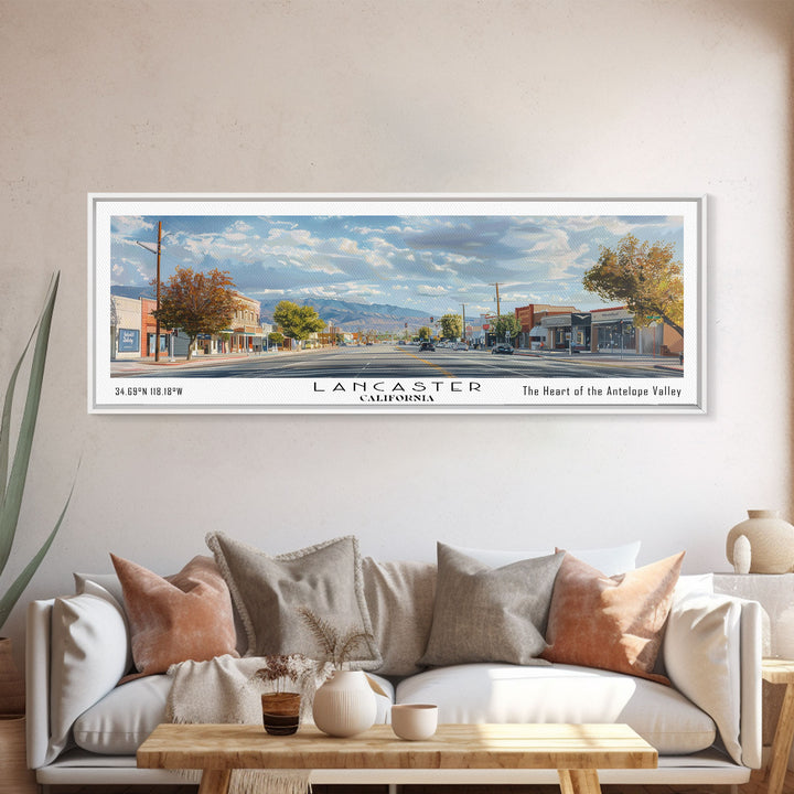 Lancaster California Panoramic Cityscape Painting, Framed Canvas Print, Urban Decor, Office Wall Art, Watercolor Travel Poster, Home Decoration