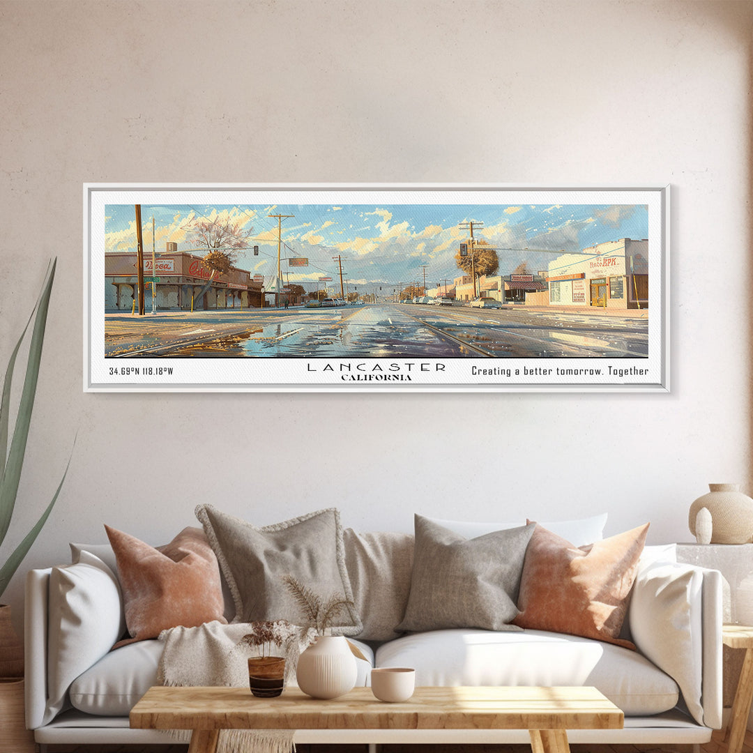 Lancaster California Panoramic Cityscape Wall Art, Watercolor Framed Canvas Print, Urban Painting for Living Room, Office Decor, Travel Poster
