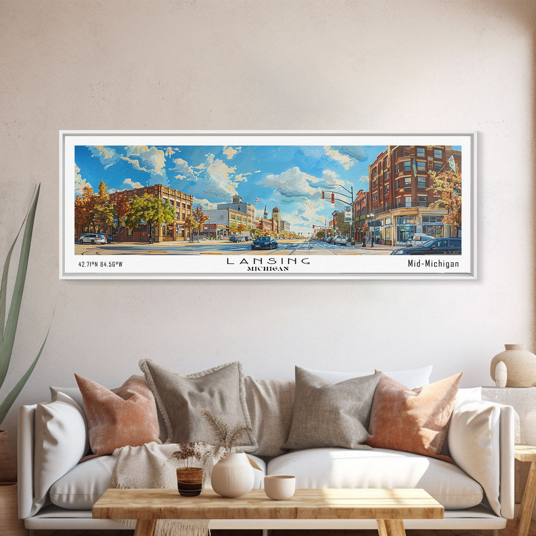 Lansing Michigan Panoramic Cityscape Wall Art, Watercolor Framed Canvas Print, Urban Painting for Living Room, Office Decor, Travel Poster