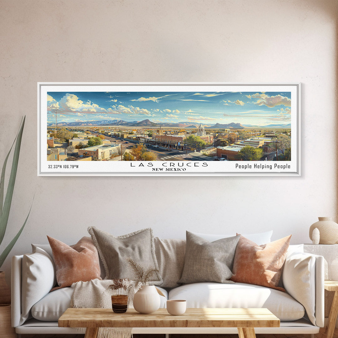 Las Cruces New Mexico Panoramic Cityscape Wall Art, Watercolor Framed Canvas Print, Urban Painting for Living Room, Office Decor, Travel Poster