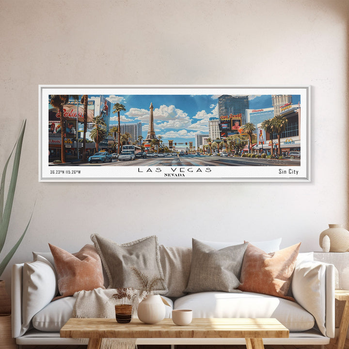Las Vegas Nevada Panoramic Watercolor Cityscape, Framed Canvas Print for Living Room, Office Wall Art, Urban Decor, Travel Poster
