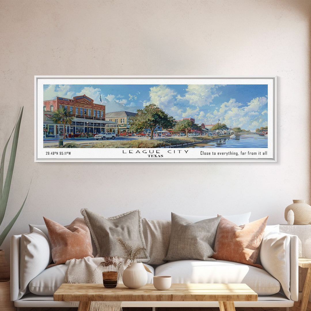 League City Texas Panoramic Watercolor Cityscape, Framed Canvas Print for Living Room, Office Wall Art, Urban Decor, Travel Poster