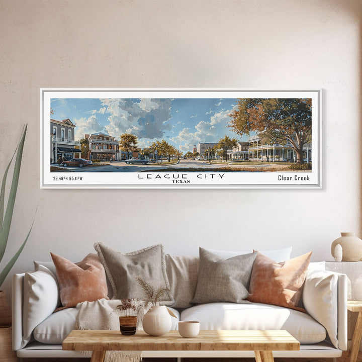 League City Texas Panoramic Cityscape Wall Art, Watercolor Framed Canvas Print, Urban Painting for Living Room, Office Decor, Travel Poster