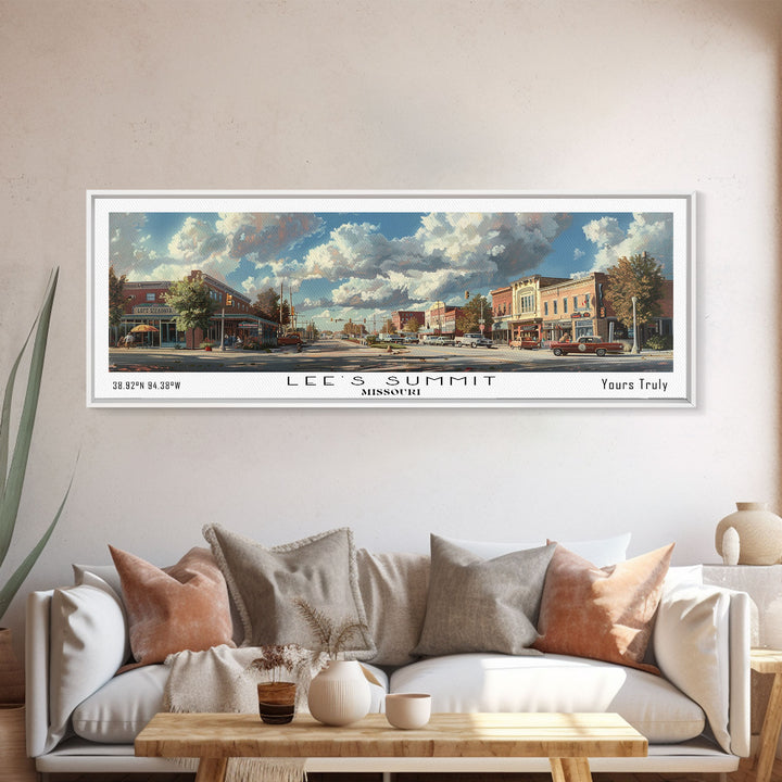 Lees Summit Missouri Panoramic Cityscape Wall Art, Watercolor Framed Canvas Print, Urban Painting for Living Room, Office Decor, Travel Poster