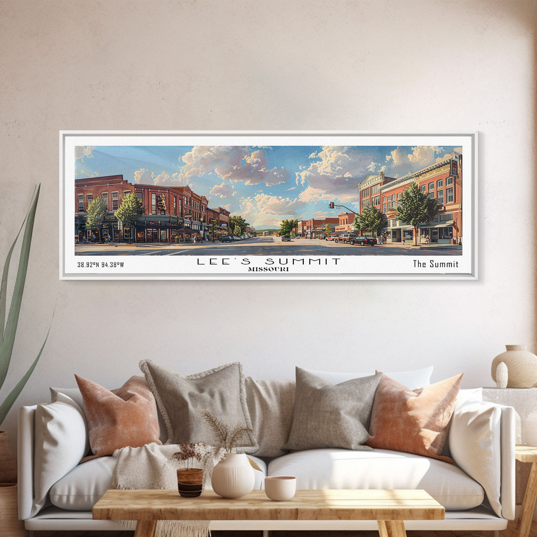 Lees Summit Missouri Panoramic Watercolor Cityscape, Framed Canvas Print for Living Room, Office Wall Art, Urban Decor, Travel Poster