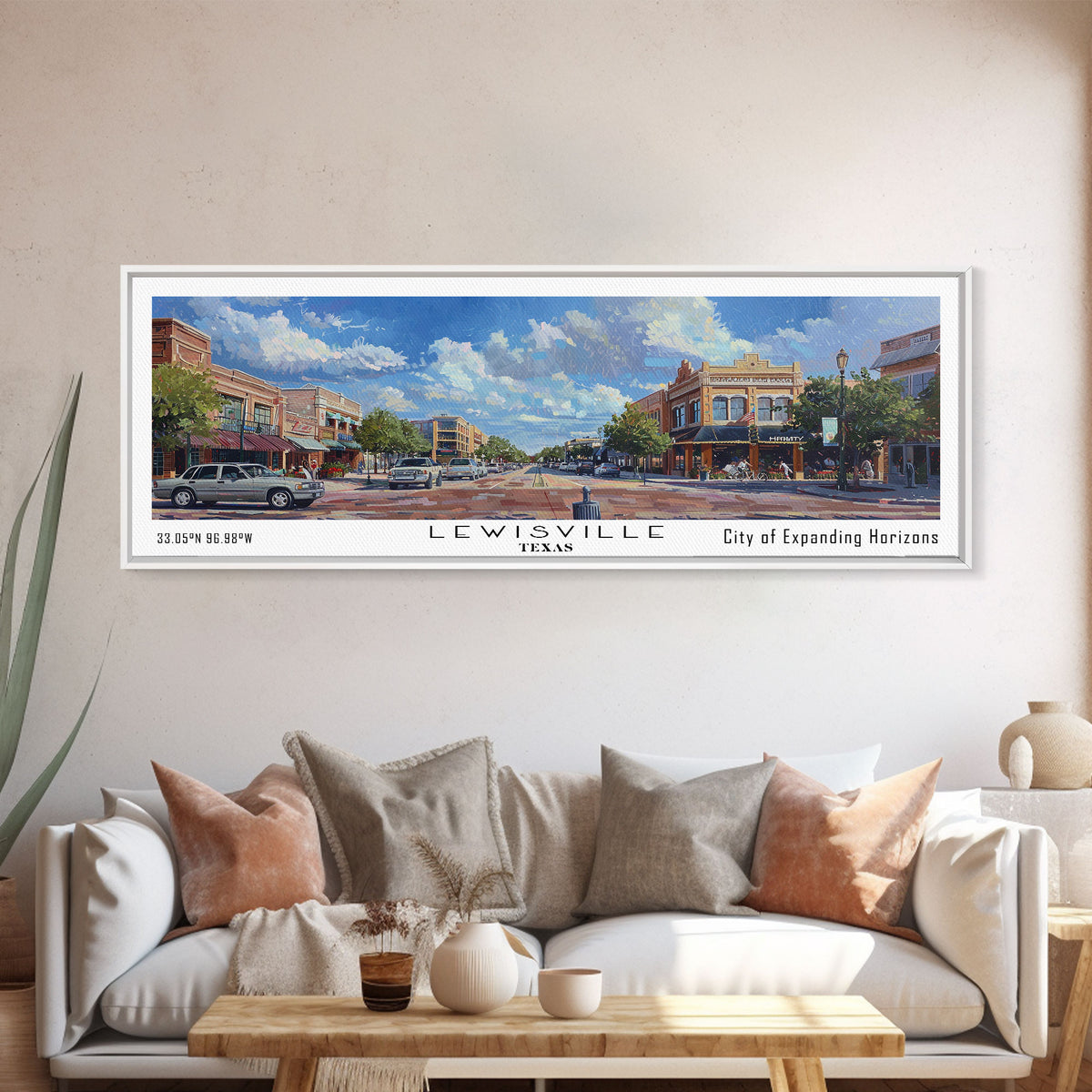 Lewisville Texas Panoramic Cityscape Painting, Framed Canvas Print, Urban Decor, Office Wall Art, Watercolor Travel Poster, Home Decoration