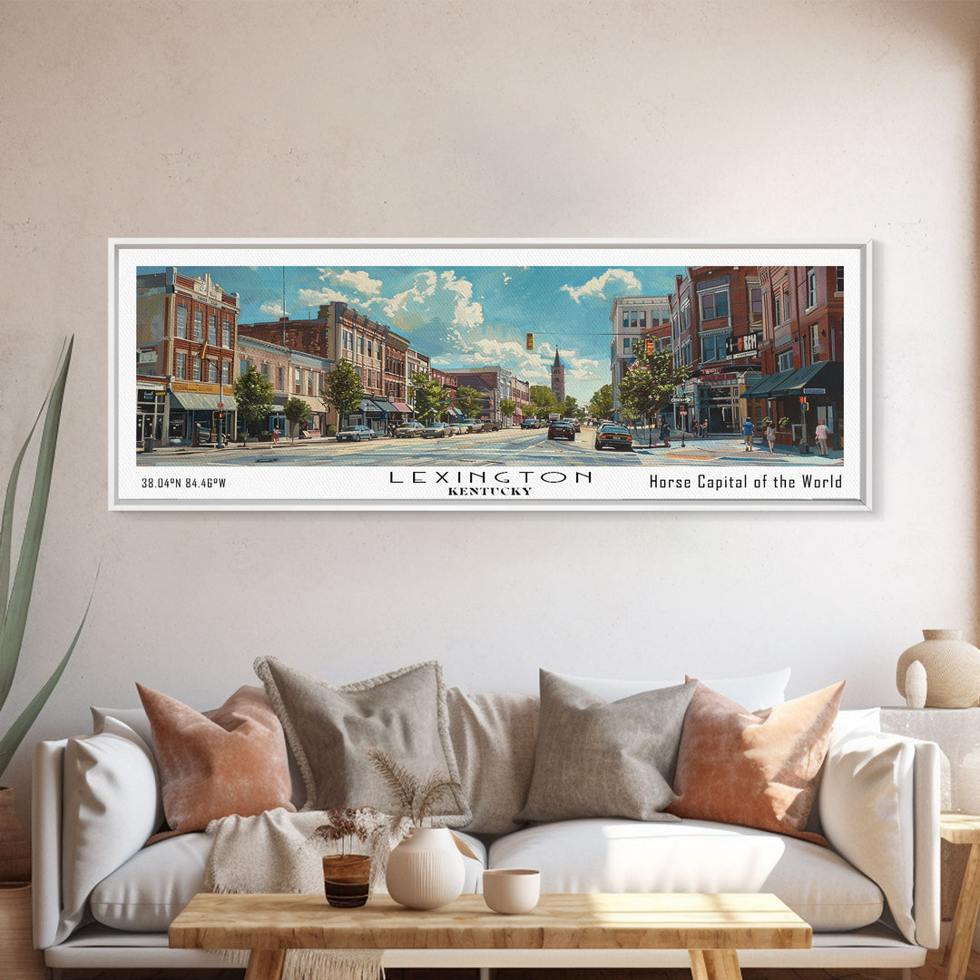 Lexington Kentucky Panoramic Watercolor Cityscape, Framed Canvas Print for Living Room, Office Wall Art, Urban Decor, Travel Poster