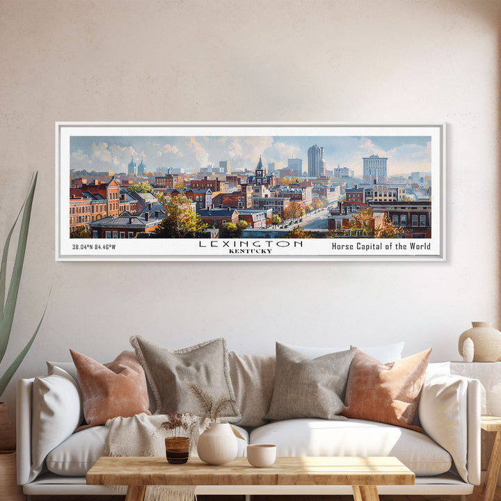 Lexington Kentucky Panoramic Cityscape Wall Art, Watercolor Framed Canvas Print, Urban Painting for Living Room, Office Decor, Travel Poster