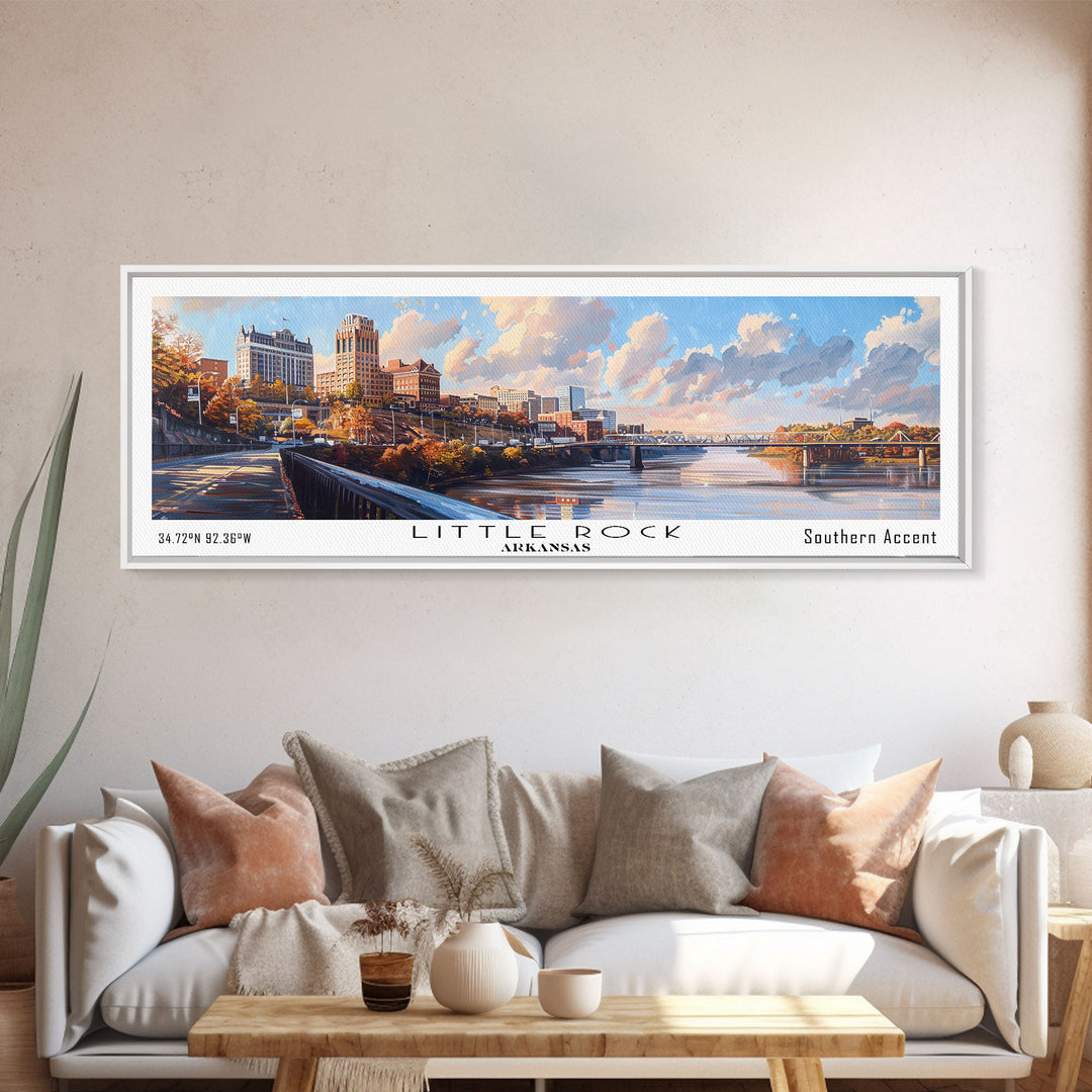 Little Rock Arkansas Panoramic Watercolor Cityscape, Framed Canvas Print for Living Room, Office Wall Art, Urban Decor, Travel Poster