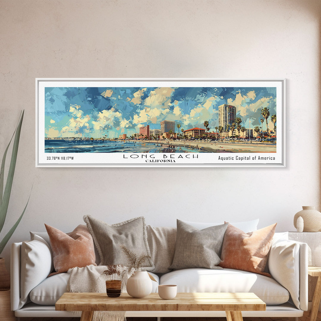 Long Beach California Panoramic Cityscape Painting, Framed Canvas Print, Urban Decor, Office Wall Art, Watercolor Travel Poster, Home Decoration