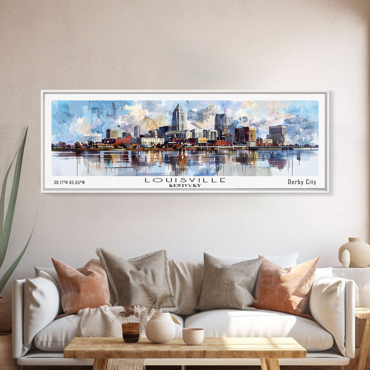 Louisville Kentucky Panoramic Cityscape Wall Art, Watercolor Framed Canvas Print, Urban Painting for Living Room, Office Decor, Travel Poster