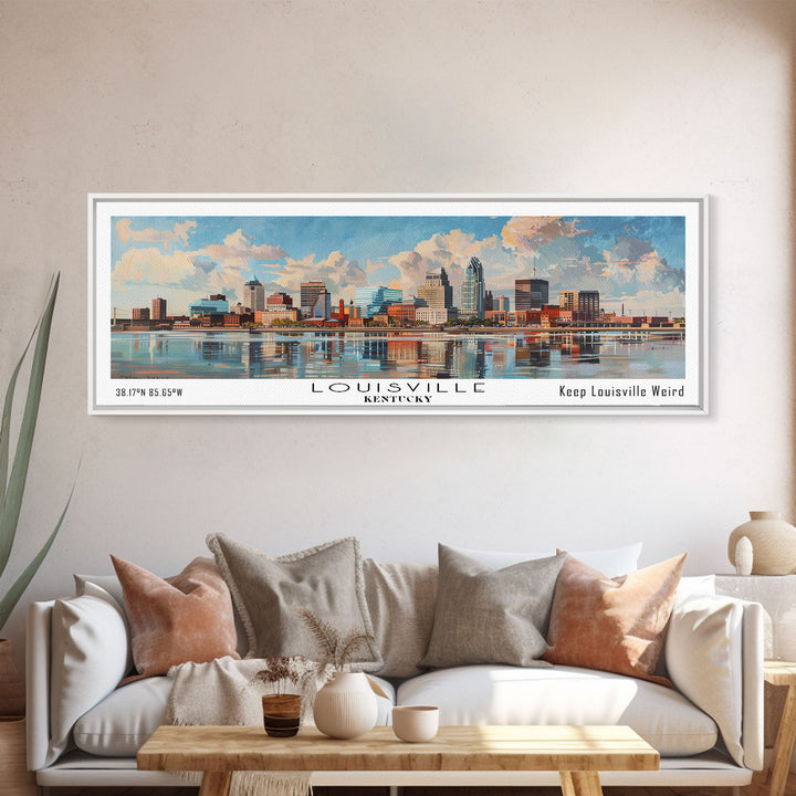 Louisville Kentucky Panoramic Watercolor Cityscape, Framed Canvas Print for Living Room, Office Wall Art, Urban Decor, Travel Poster