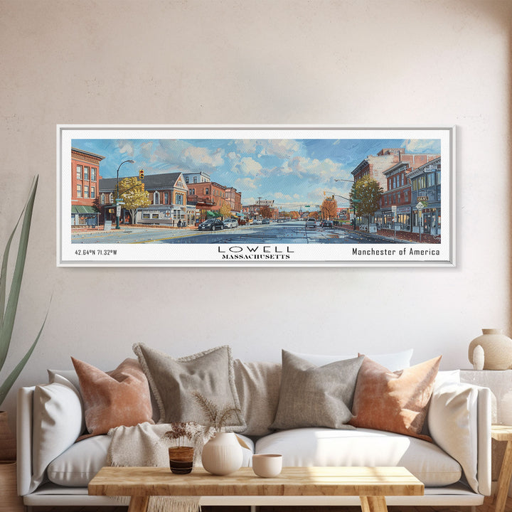 Lowell Massachusetts Panoramic Watercolor Cityscape, Framed Canvas Print for Living Room, Office Wall Art, Urban Decor, Travel Poster