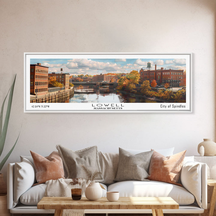 Lowell Massachusetts Panoramic Cityscape Wall Art, Watercolor Framed Canvas Print, Urban Painting for Living Room, Office Decor, Travel Poster