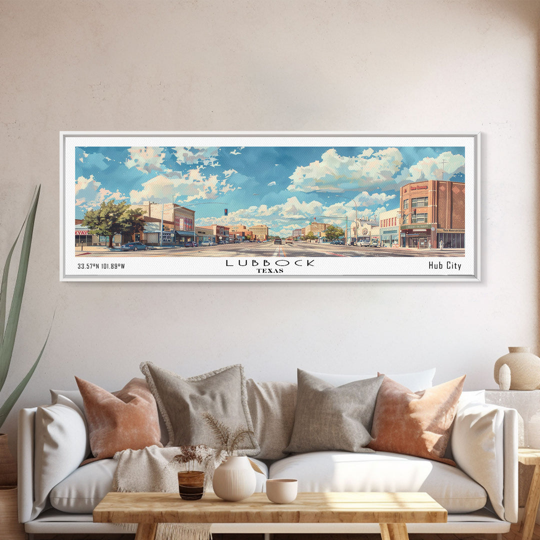 Lubbock Texas Panoramic Cityscape Wall Art, Watercolor Framed Canvas Print, Urban Painting for Living Room, Office Decor, Travel Poster